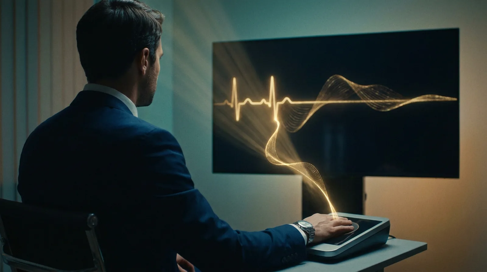 An executive at a dark screen as a gold data thread draws his recovery trace