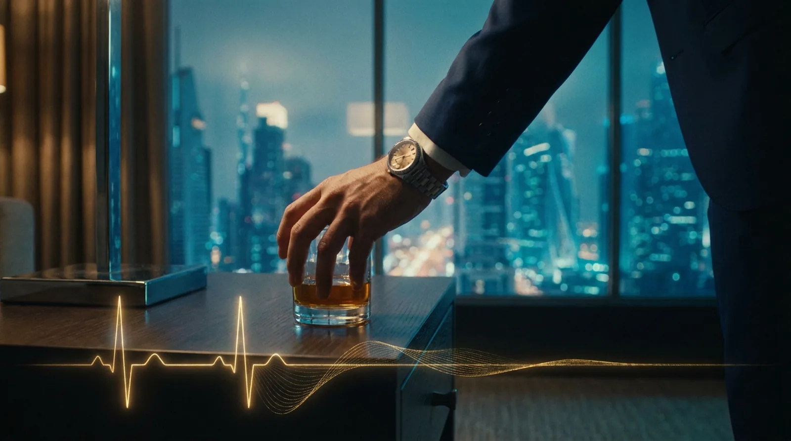 A hand reaching for a whisky glass at night in a high-rise hotel room, a gold heart-rate line running through the frame